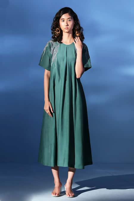 Chambray & Co. Green All Weather Silk Embroidered Resham Round Cove Shoulder Dress 