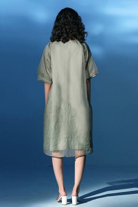 Shop Chambray & CO. Green Organza, Embroidery V-neck, Mist Boxy-fit Dress With Jacket at Aza Fashions Shop_Chambray & CO._Green Organza, Embroidery V-neck, Mist Boxy-fit Dress With Jacket _at_Aza_Fashions