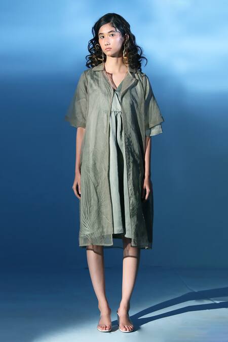 Chambray & CO. Green Organza, Embroidery V-neck, Mist Boxy-fit Dress With Jacket Online at Aza Fashions Chambray & CO._Green Organza, Embroidery V-neck, Mist Boxy-fit Dress With Jacket _Online_at_Aza_Fashions