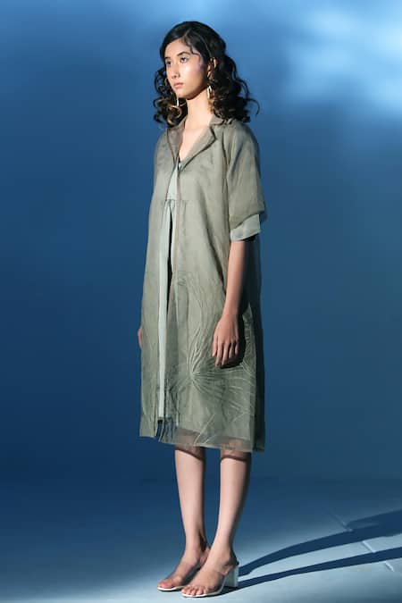 Buy Chambray & CO. Green Organza, Embroidery V-neck, Mist Boxy-fit Dress With Jacket Online at Aza Fashions Buy_Chambray & CO._Green Organza, Embroidery V-neck, Mist Boxy-fit Dress With Jacket _Online_at_Aza_Fashions
