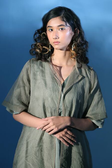 Shop Chambray & CO. Green Organza, Embroidery V-neck, Mist Boxy-fit Dress With Jacket Online at Aza Fashions Shop_Chambray & CO._Green Organza, Embroidery V-neck, Mist Boxy-fit Dress With Jacket _Online_at_Aza_Fashions