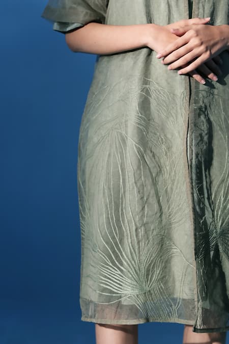 Chambray & CO. Green Organza, Embroidery V-neck, Mist Boxy-fit Dress With Jacket at Aza Fashions Chambray & CO._Green Organza, Embroidery V-neck, Mist Boxy-fit Dress With Jacket _at_Aza_Fashions