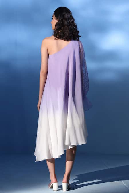 Shop Chambray & CO. Purple Organza, Embroidery One Shoulder Lir Ombre-dyed Dress at Aza Fashions Shop_Chambray & CO._Purple Organza, Embroidery One Shoulder Lir Ombre-dyed Dress _at_Aza_Fashions