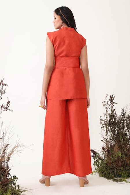 Shop Chambray & CO. Orange Linen, Silk Embroidery Sweetheart Neck, Collared Jacket Pant Set at Aza Fashions Shop_Chambray & CO._Orange Linen, Silk Embroidery Sweetheart Neck, Collared Jacket Pant Set _at_Aza_Fashions