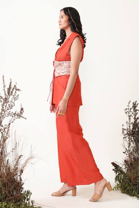 Chambray & CO. Orange Linen, Silk Embroidery Sweetheart Neck, Collared Jacket Pant Set Online at Aza Fashions Chambray & CO._Orange Linen, Silk Embroidery Sweetheart Neck, Collared Jacket Pant Set _Online_at_Aza_Fashions