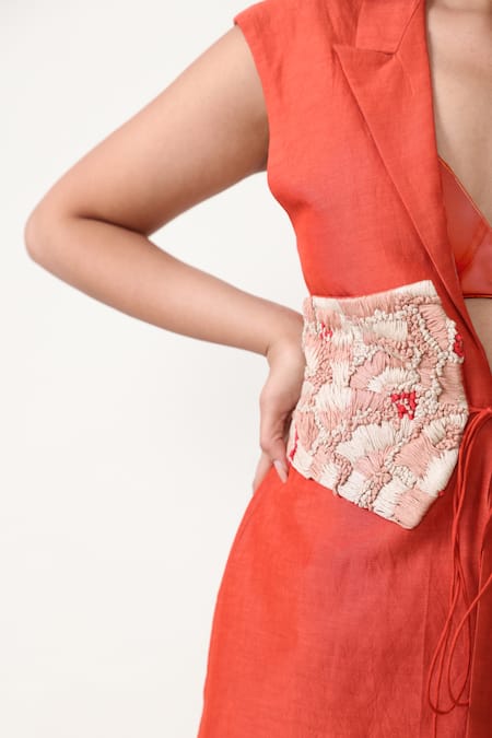 Shop Chambray & CO. Orange Linen, Silk Embroidery Sweetheart Neck, Collared Jacket Pant Set Online at Aza Fashions Shop_Chambray & CO._Orange Linen, Silk Embroidery Sweetheart Neck, Collared Jacket Pant Set _Online_at_Aza_Fashions