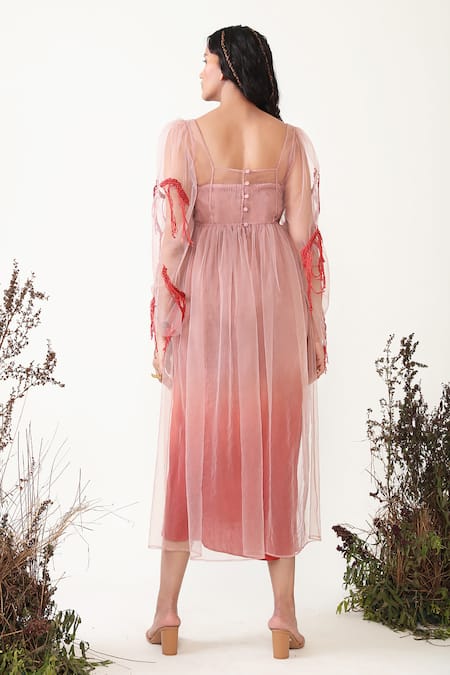 Shop Chambray & CO. Pink Crepe, Tulle Embroidery Square , Bandeau Willow Sleeve Dress at Aza Fashions Shop_Chambray & CO._Pink Crepe, Tulle Embroidery Square , Bandeau Willow Sleeve Dress _at_Aza_Fashions