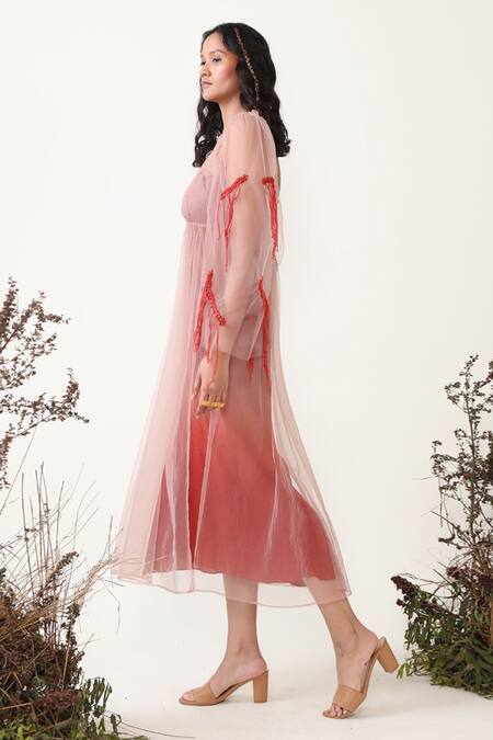 Chambray & CO. Pink Crepe, Tulle Embroidery Square , Bandeau Willow Sleeve Dress Online at Aza Fashions Chambray & CO._Pink Crepe, Tulle Embroidery Square , Bandeau Willow Sleeve Dress _Online_at_Aza_Fashions