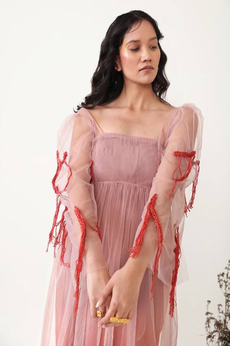 Shop Chambray & CO. Pink Crepe, Tulle Embroidery Square , Bandeau Willow Sleeve Dress Online at Aza Fashions Shop_Chambray & CO._Pink Crepe, Tulle Embroidery Square , Bandeau Willow Sleeve Dress _Online_at_Aza_Fashions