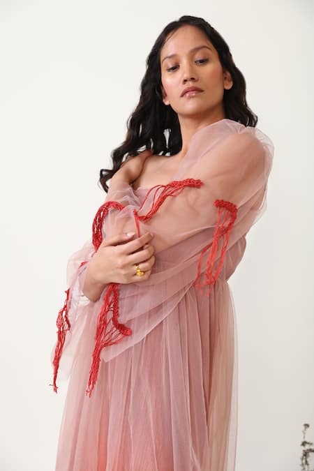 Chambray & CO. Pink Crepe, Tulle Embroidery Square , Bandeau Willow Sleeve Dress at Aza Fashions Chambray & CO._Pink Crepe, Tulle Embroidery Square , Bandeau Willow Sleeve Dress _at_Aza_Fashions