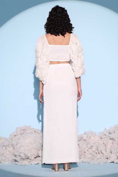 Shop Chambray & CO. White Georgette, Cotton Square Neck Tuuli Solid Top And High-waisted Skirt Set at Aza Fashions Shop_Chambray & CO._White Georgette, Cotton Square Neck Tuuli Solid Top And High-waisted Skirt Set _at_Aza_Fashions