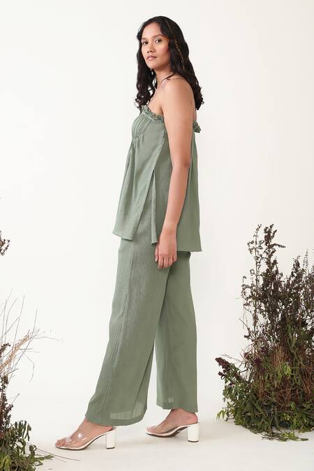 Chambray & CO. Green Cotton Bandeau Neck Petra Solid Tube Top And Flared Pant Set Online at Aza Fashions Chambray & CO._Green Cotton Bandeau Neck Petra Solid Tube Top And Flared Pant Set _Online_at_Aza_Fashions