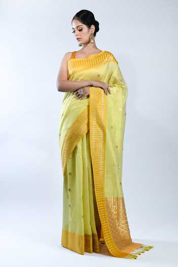 Sacred Weaves_Yellow Chanderi Motif Work Handloom Banarasi Handwoven Saree With Running Blouse_Online_at_Aza_Fashions