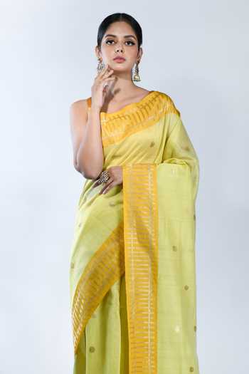 Buy_Sacred Weaves_Yellow Chanderi Motif Work Handloom Banarasi Handwoven Saree With Running Blouse_Online_at_Aza_Fashions