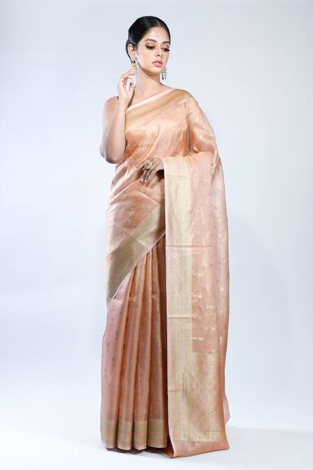 Sacred Weaves_Peach Tissue, Silk Zari, Handloom Banarasi Handwoven Saree With Running Blouse_Online_at_Aza_Fashions