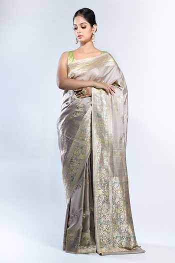 Sacred Weaves_Pink Silk Zari, Metallic Handloom Banarasi Handwoven Saree With Running Blouse_Online_at_Aza_Fashions