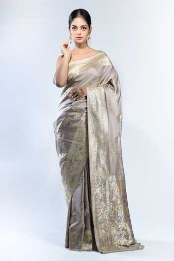 Buy_Sacred Weaves_Pink Silk Zari, Metallic Handloom Banarasi Handwoven Saree With Running Blouse_Online_at_Aza_Fashions