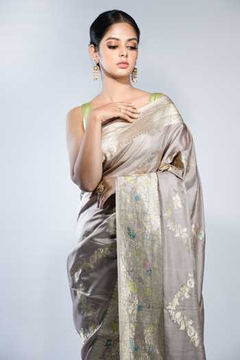 Shop_Sacred Weaves_Pink Silk Zari, Metallic Handloom Banarasi Handwoven Saree With Running Blouse_Online_at_Aza_Fashions