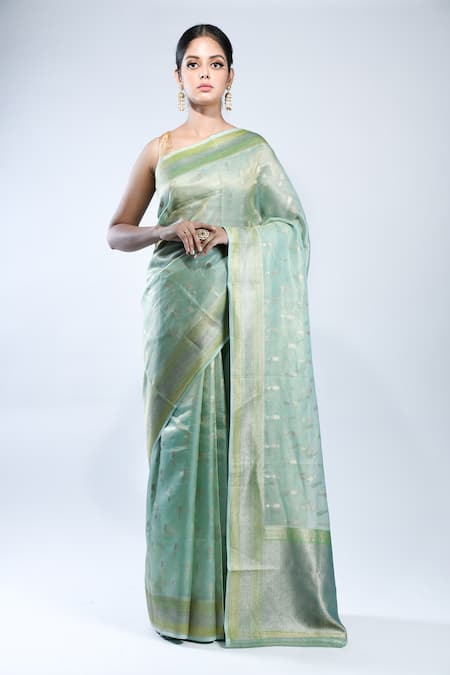 Sacred Weaves Green Tissue Silk Work Handloom Banarasi Handwoven Saree With Running Blouse