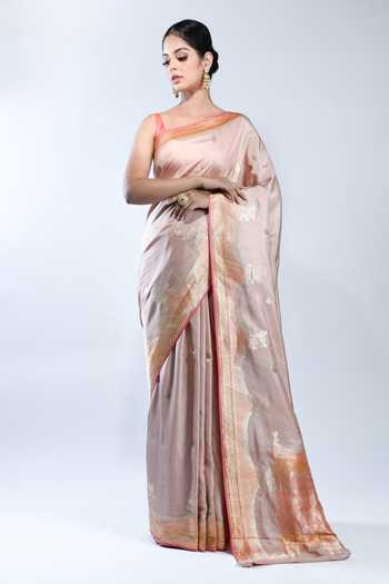 Sacred Weaves_Peach Kota Floral Border Handloom Banarasi Handwoven Saree With Running Blouse_Online_at_Aza_Fashions