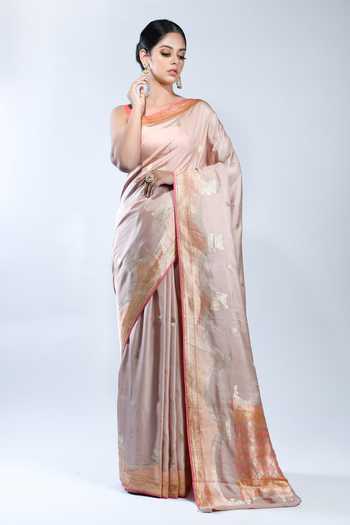 Buy_Sacred Weaves_Peach Kota Floral Border Handloom Banarasi Handwoven Saree With Running Blouse_Online_at_Aza_Fashions