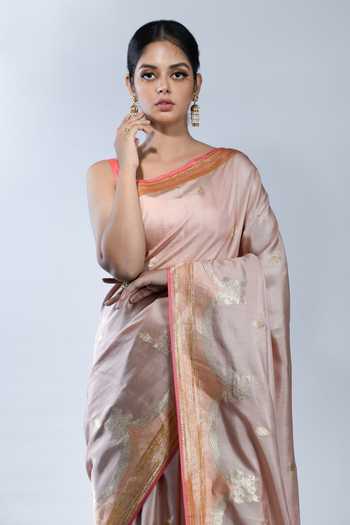 Shop_Sacred Weaves_Peach Kota Floral Border Handloom Banarasi Handwoven Saree With Running Blouse_Online_at_Aza_Fashions