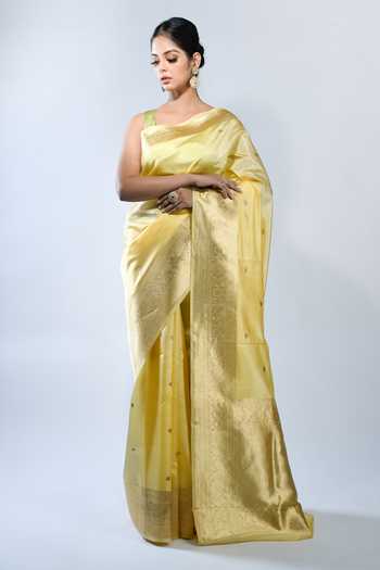 Sacred Weaves_Yellow Kota Doria Border Handloom Banarasi Handwoven Saree With Running Blouse_Online_at_Aza_Fashions