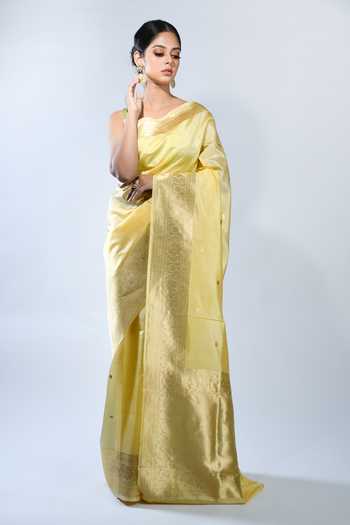 Buy_Sacred Weaves_Yellow Kota Doria Border Handloom Banarasi Handwoven Saree With Running Blouse_Online_at_Aza_Fashions