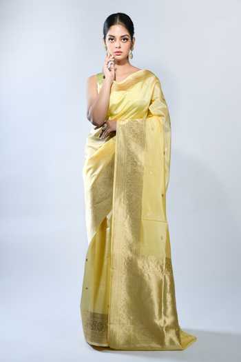 Shop_Sacred Weaves_Yellow Kota Doria Border Handloom Banarasi Handwoven Saree With Running Blouse_Online_at_Aza_Fashions