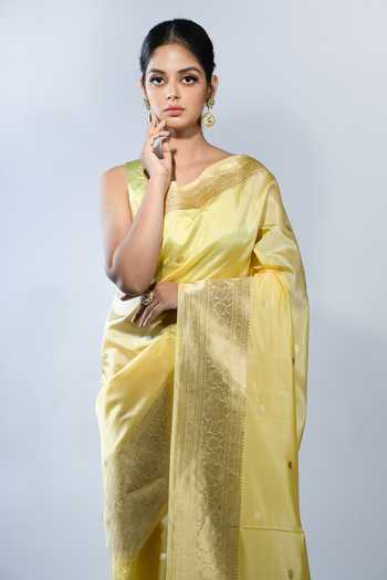 Sacred Weaves_Yellow Kota Doria Border Handloom Banarasi Handwoven Saree With Running Blouse_at_Aza_Fashions