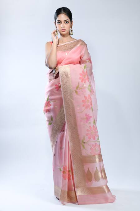 Buy_Sacred Weaves_Pink Organza, Silk Zari Handloom Banarasi Handwoven Saree With Running Blouse_Online_at_Aza_Fashions