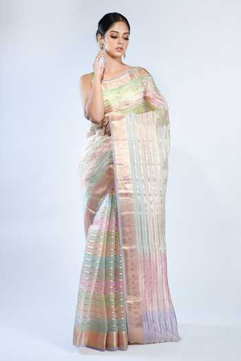 Sacred Weaves_Purple Organza, Silk Zari Striped Handloom Saree With Running Blouse_Online_at_Aza_Fashions