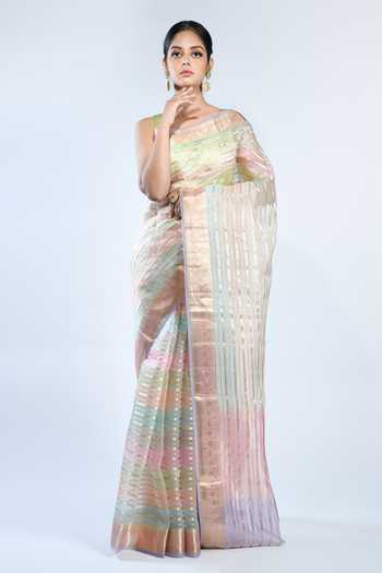 Buy_Sacred Weaves_Purple Organza, Silk Zari Striped Handloom Saree With Running Blouse_Online_at_Aza_Fashions