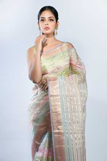 Shop_Sacred Weaves_Purple Organza, Silk Zari Striped Handloom Saree With Running Blouse_Online_at_Aza_Fashions