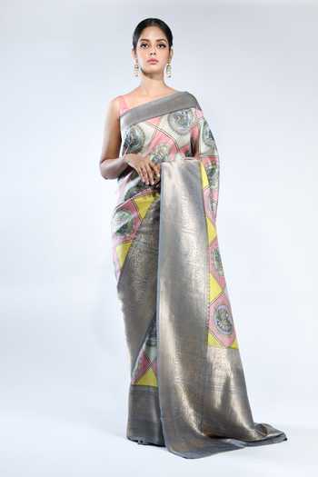 Sacred Weaves_Grey Kota Doria Mural Print Handloom Saree With Running Blouse_Online_at_Aza_Fashions
