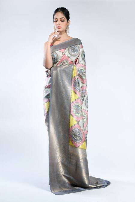 Ash Grey Handloom Khadi Linen Silk Saree With Digital Print | Kolour