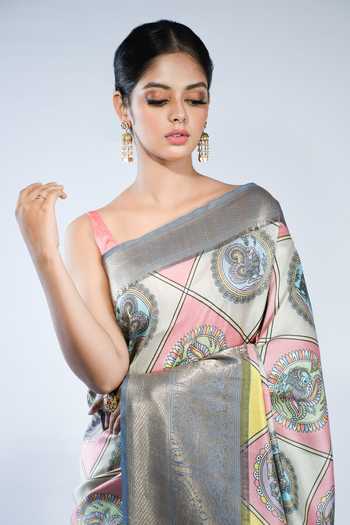 Sacred Weaves_Grey Kota Doria Mural Print Handloom Saree With Running Blouse_at_Aza_Fashions