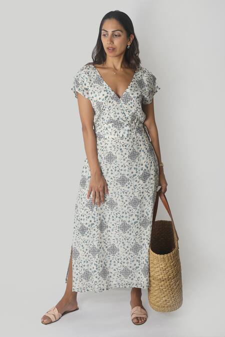 Reistor White Bemberg Crepe Printed Floral Deep V Sapphire Haze Maxi Dress  