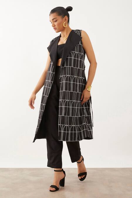 Son Of A Noble Snob_Black Cotton Satin Collared Aiko Arch Print Jacket And Trouser Set _Online_at_Aza_Fashions