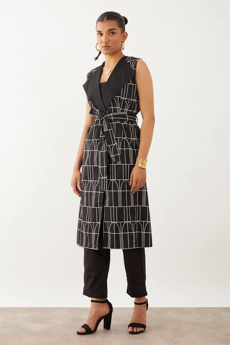 Shop_Son Of A Noble Snob_Black Cotton Satin Collared Aiko Arch Print Jacket And Trouser Set _Online_at_Aza_Fashions