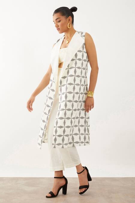 Son Of A Noble Snob_Off White Cotton Satin Collared Aiko Fan Print Jacket And Trouser Set _Online_at_Aza_Fashions