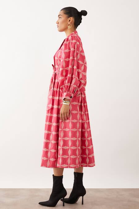 Buy_Son Of A Noble Snob_Pink Cotton Satin Collared Alexis Fan Print Dress _Online_at_Aza_Fashions