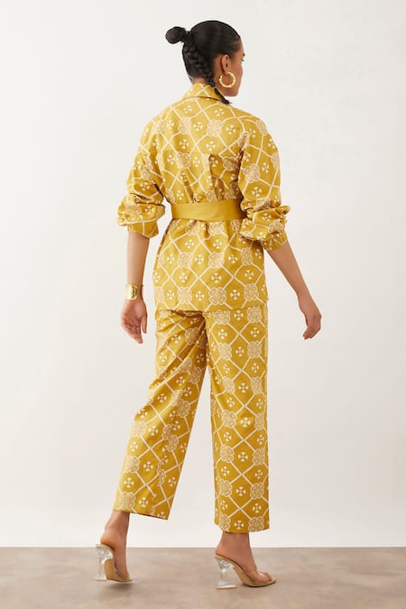 Shop Son Of A Noble Snob Brown Cotton, Twill Collared Bastian Clover Print Trouser Set at Aza Fashions Shop_Son Of A Noble Snob_Brown Cotton, Twill Collared Bastian Clover Print Trouser Set _at_Aza_Fashions