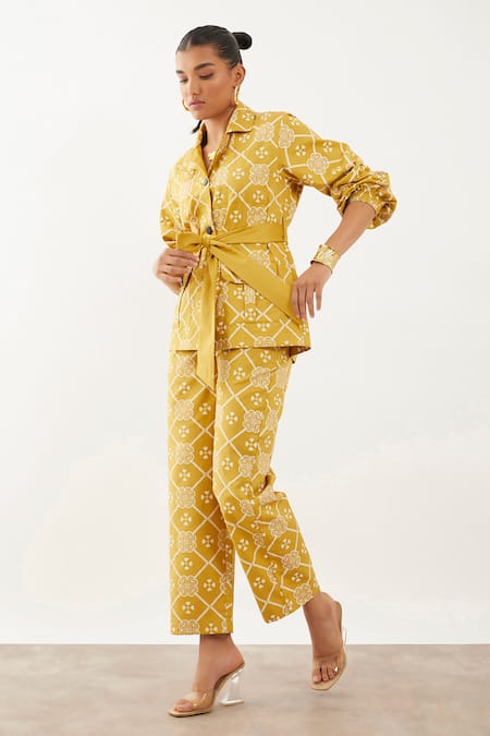 Buy Son Of A Noble Snob Brown Cotton, Twill Collared Bastian Clover Print Trouser Set Online at Aza Fashions Buy_Son Of A Noble Snob_Brown Cotton, Twill Collared Bastian Clover Print Trouser Set _Online_at_Aza_Fashions