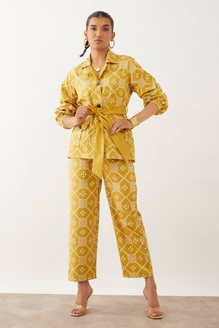 Shop Son Of A Noble Snob Brown Cotton, Twill Collared Bastian Clover Print Trouser Set Online at Aza Fashions Shop_Son Of A Noble Snob_Brown Cotton, Twill Collared Bastian Clover Print Trouser Set _Online_at_Aza_Fashions