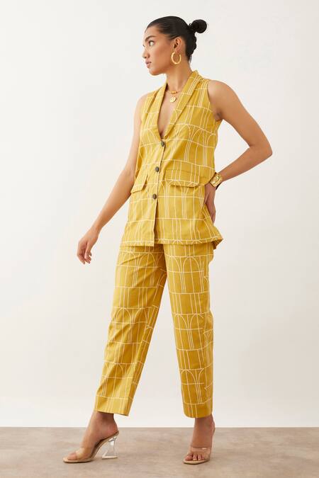 Buy_Son Of A Noble Snob_Brown Cotton, Twill Shawl Neck Beamer Arch Print Jacket And Trouser Set _Online_at_Aza_Fashions