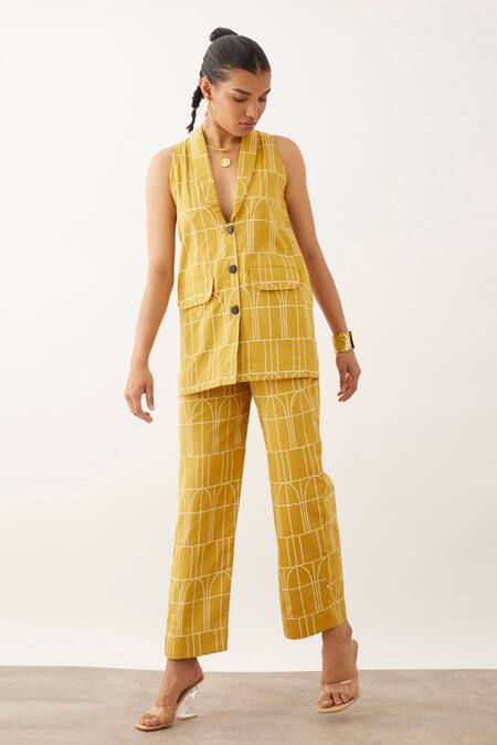 Shop_Son Of A Noble Snob_Brown Cotton, Twill Shawl Neck Beamer Arch Print Jacket And Trouser Set _Online_at_Aza_Fashions