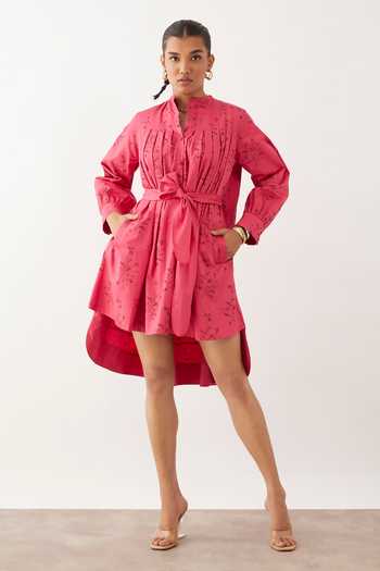 Son Of A Noble Snob_Pink Cotton Satin High Neck Betty Catchfly Print Shirt Dress_Online_at_Aza_Fashions