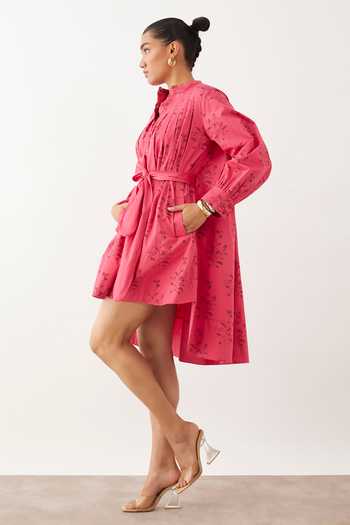 Buy_Son Of A Noble Snob_Pink Cotton Satin High Neck Betty Catchfly Print Shirt Dress_Online_at_Aza_Fashions