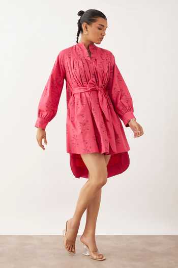 Shop_Son Of A Noble Snob_Pink Cotton Satin High Neck Betty Catchfly Print Shirt Dress_Online_at_Aza_Fashions